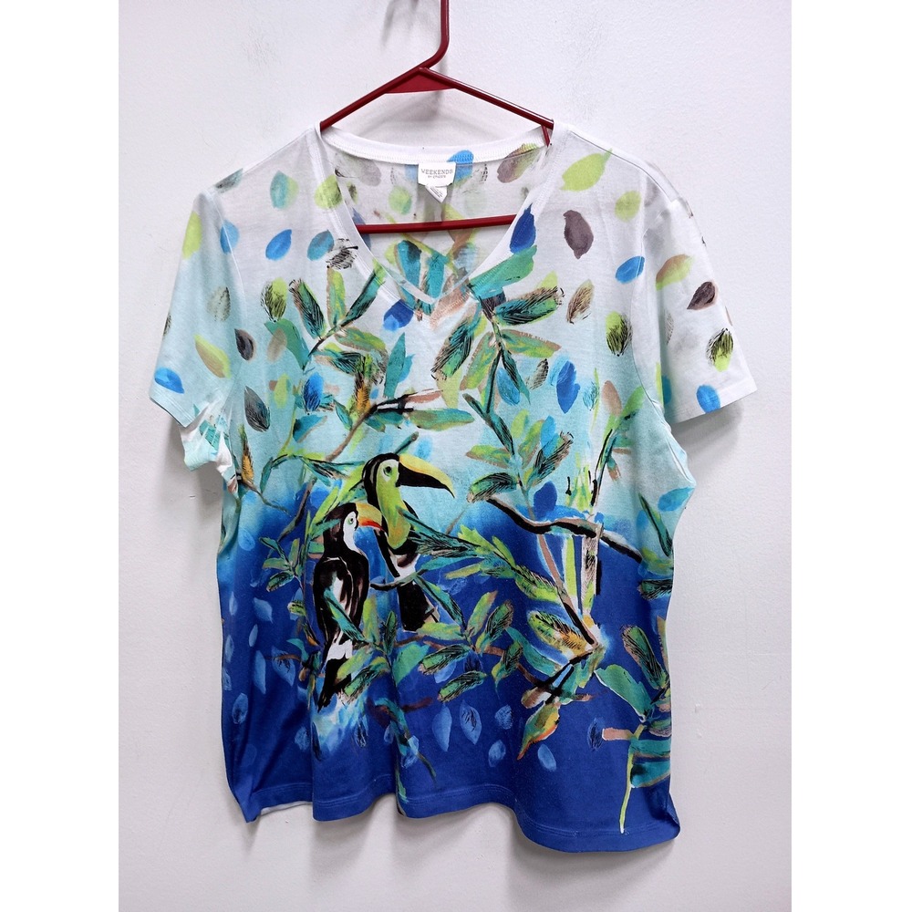 Chicos Weekends Artsy‎ T-Shirt Women XL Bird Print Tropical Short Sleeve